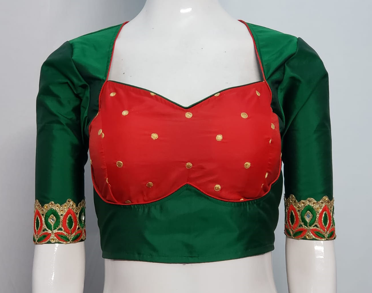 Green & Red Samo Silk Embroidery Blouse