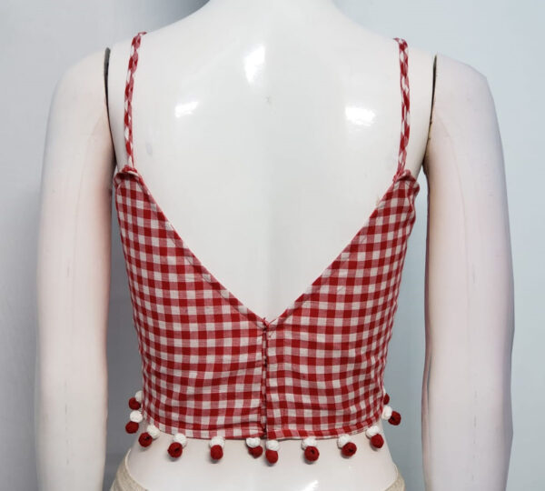 White & Red Color Cotton Gamcha Printed Spaghetti Blouse - Image 2