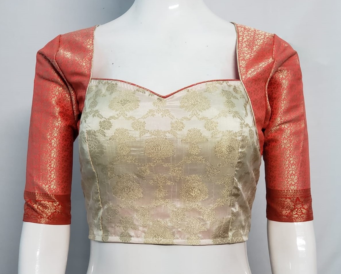 Off-White & Reddish Pink Color Brocade Blouse