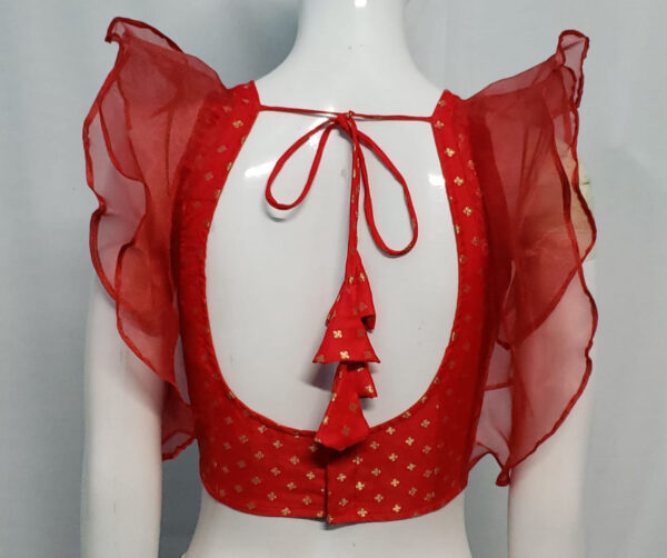 Candy Red Color Brocade With Organza Blouse - Image 2