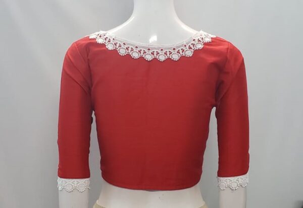 Crimson Red Color Cotton Silk Lace Embroidered Blouse - Image 2
