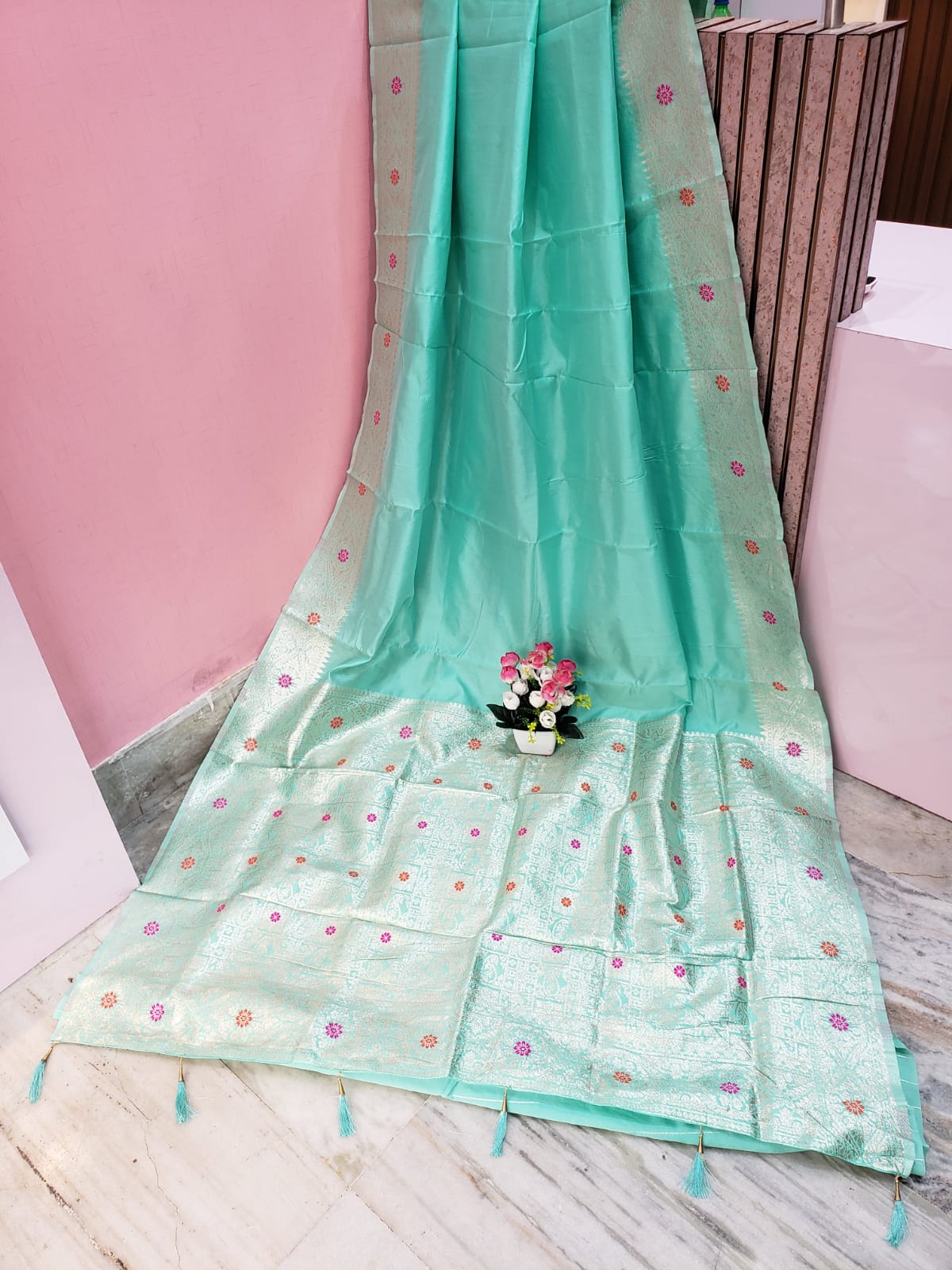 Sea-Green Color Meena Kari Katan Benarasi Saree