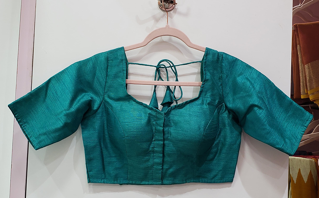Turquoise Blue Color Raw Silk Blouse