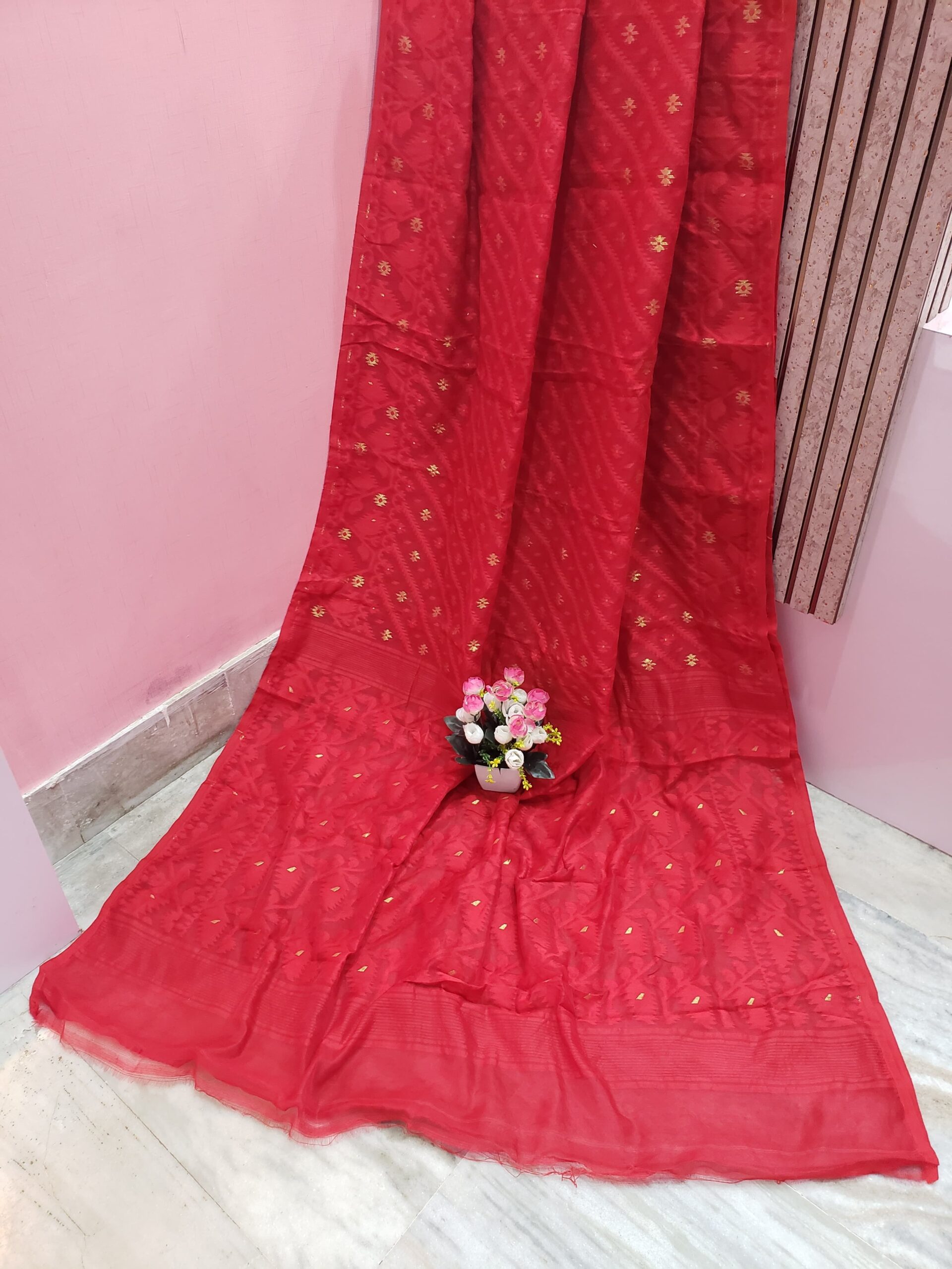 Cherry Red Color Cotton Jamdani Saree