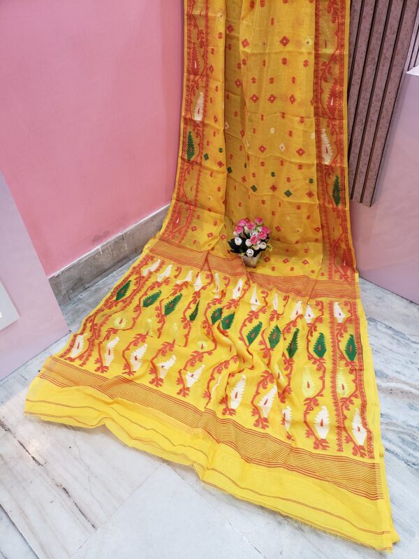Dark Yellow Color Cotton Jamdani Saree