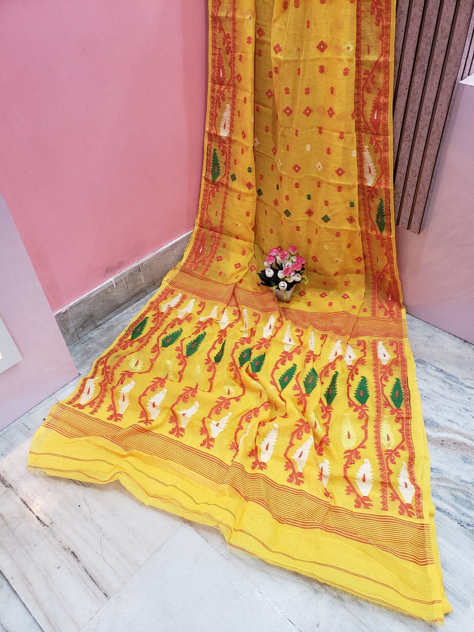 Dark Yellow Color Cotton Jamdani Saree