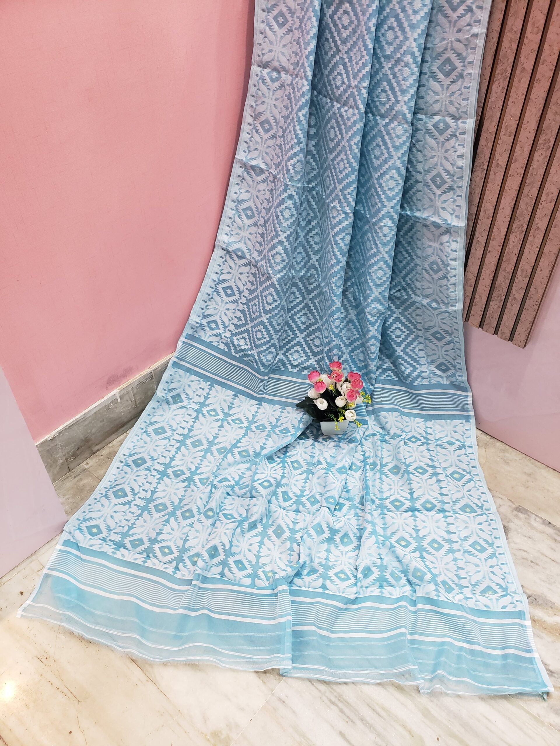 Sky Blue Color Cotton Jamdani Saree