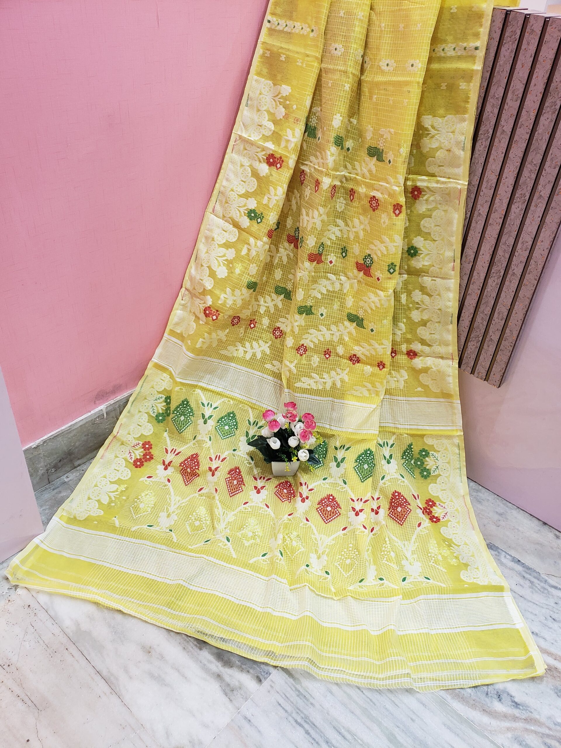 Lemon Yellow Color Cotton Jamdani Saree