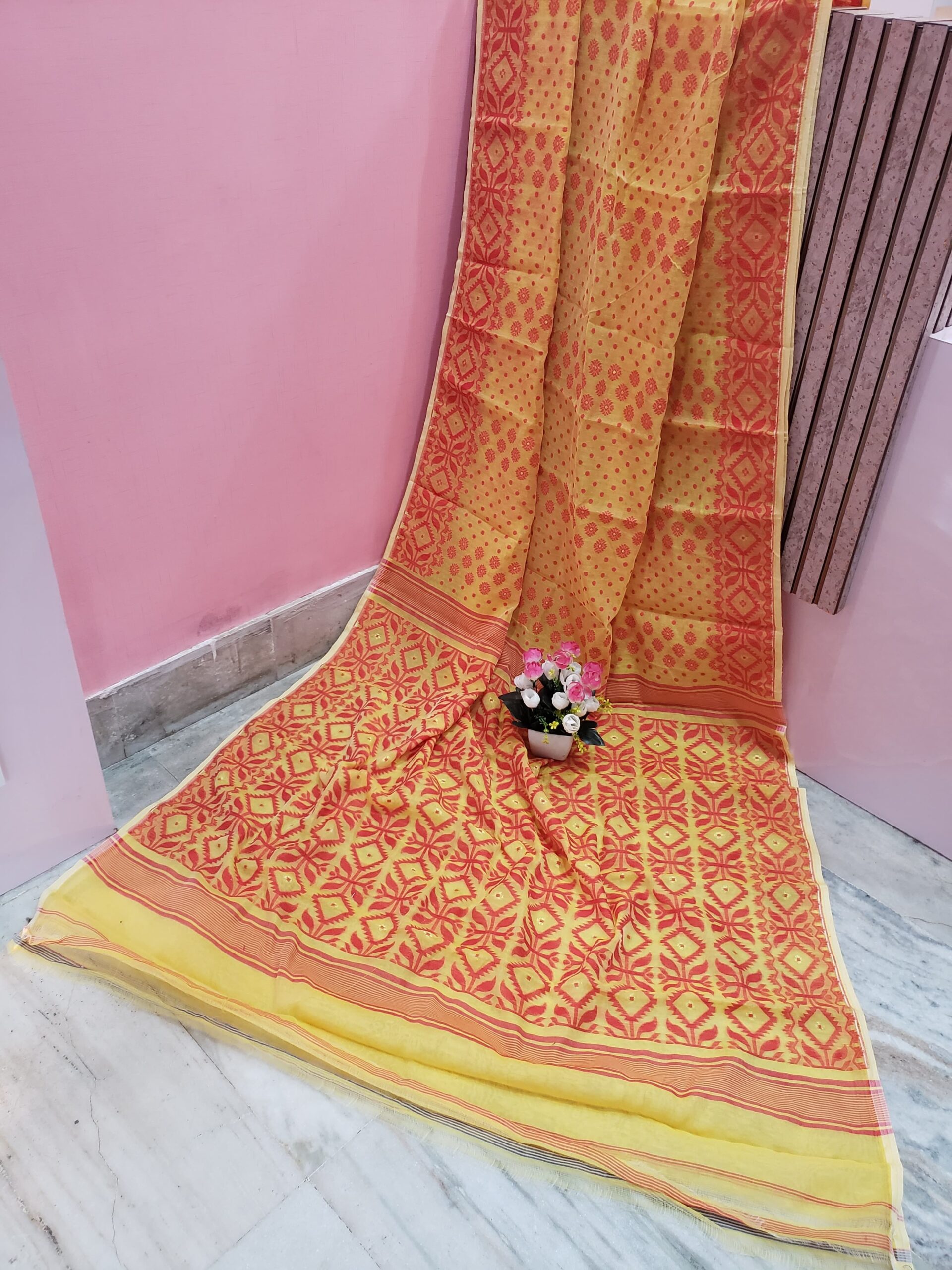 Ochre Yellow Color Cotton Jamdani Saree
