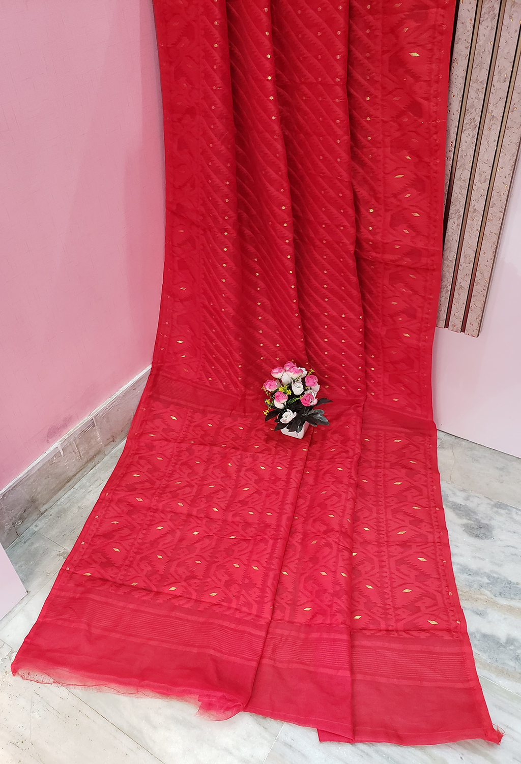 Cherry Red Color Cotton Jamdani Saree