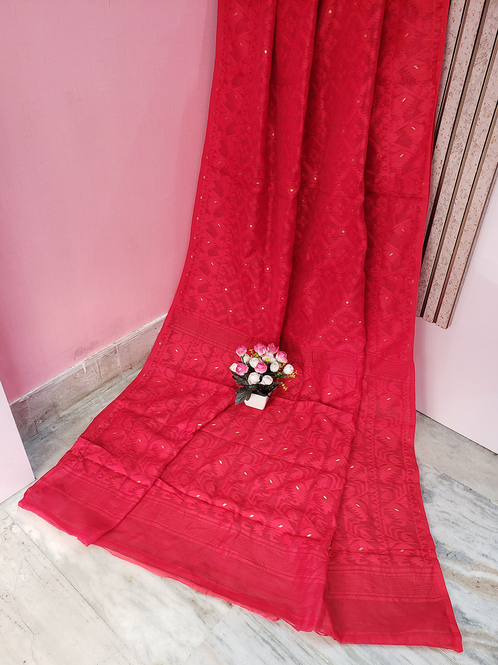 Cherry Red Color Cotton Jamdani Saree