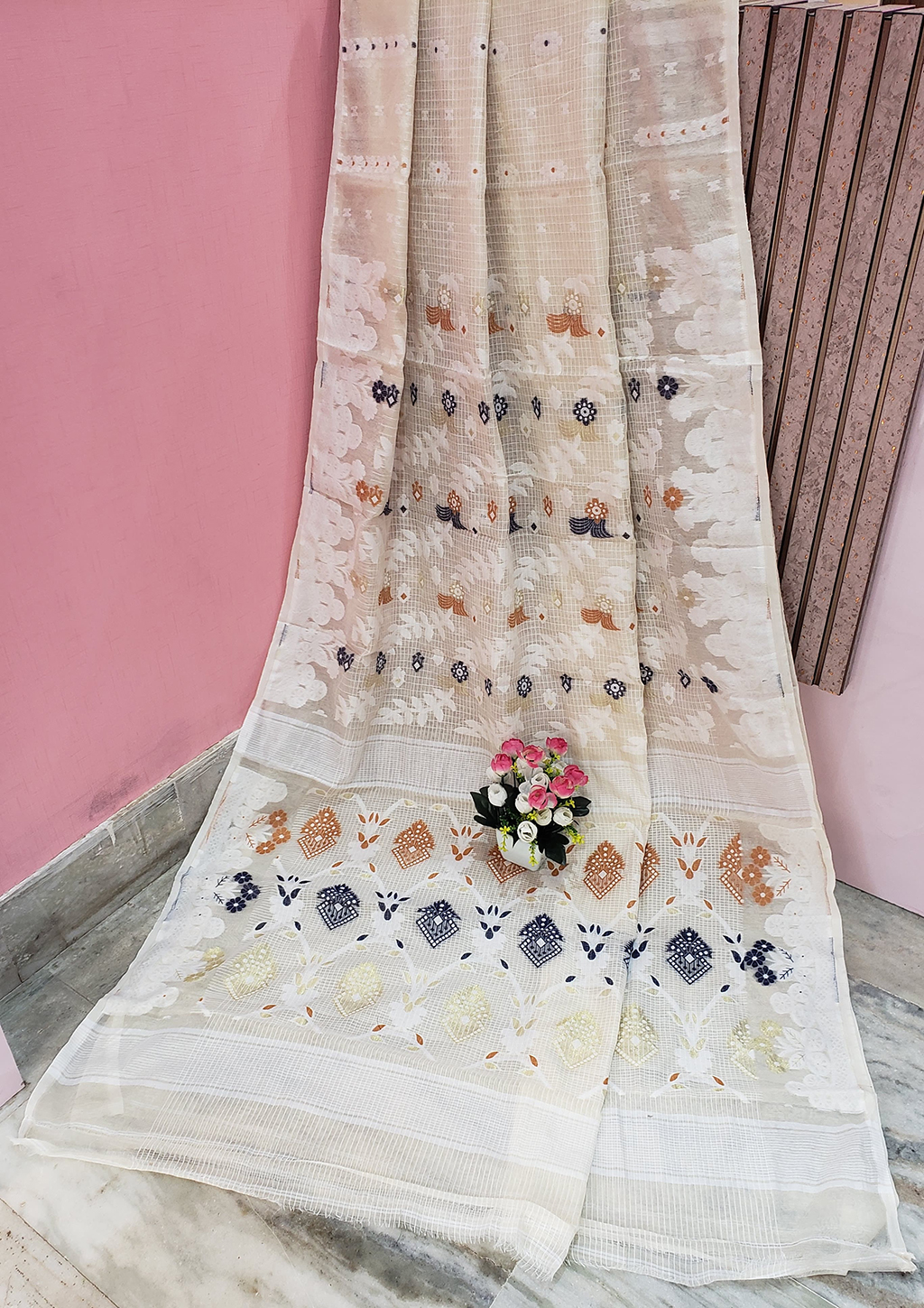 Off White Multi Color Kota Jamdani Saree