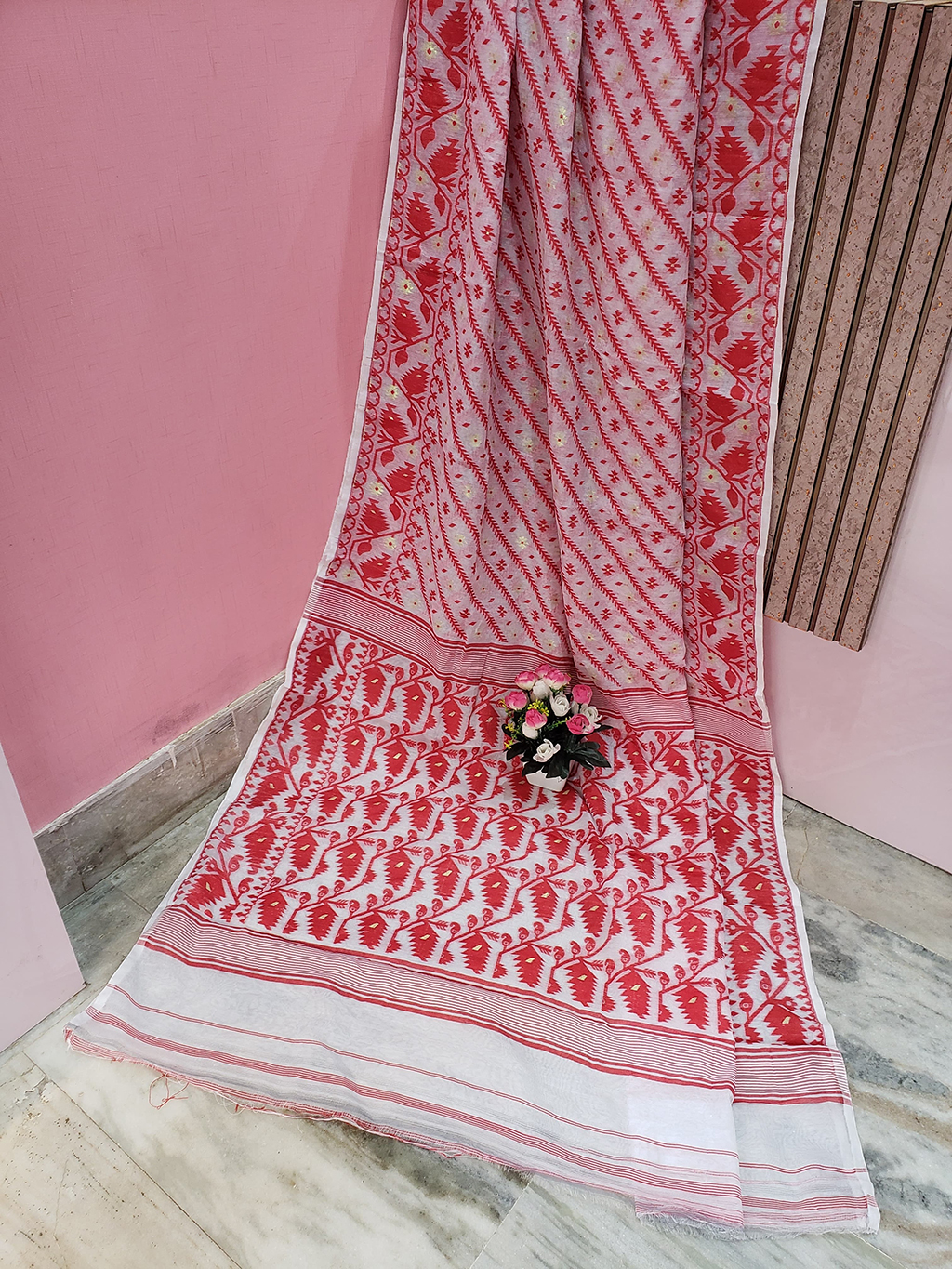 White & Red Color Cotton Jamdani Saree