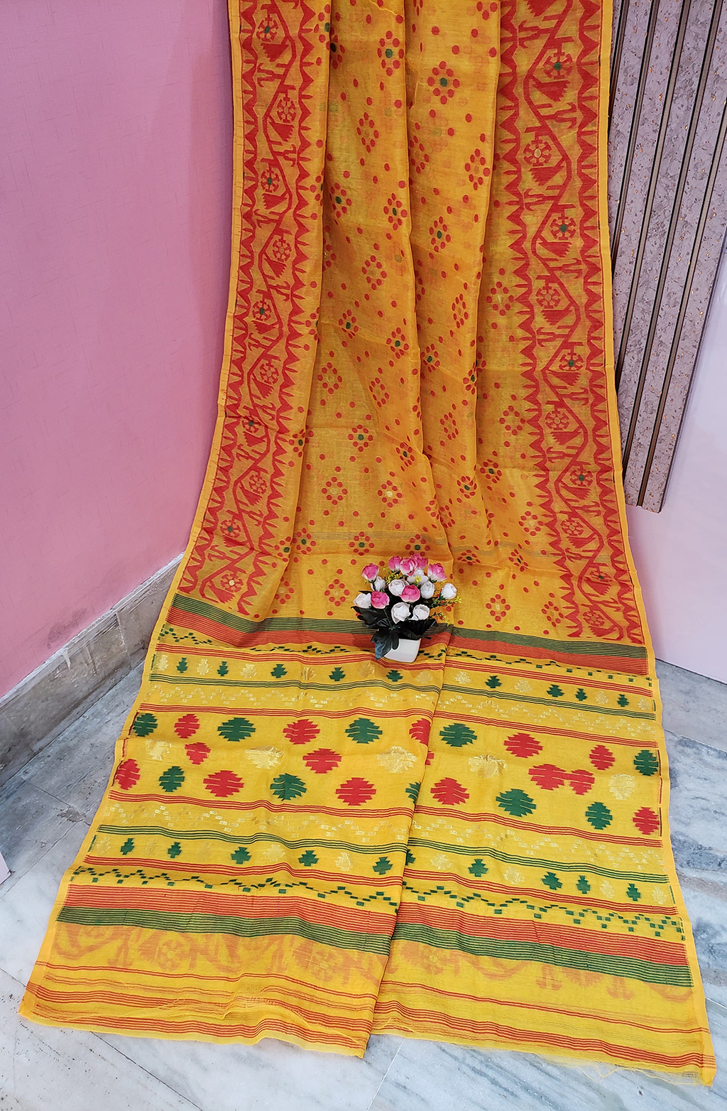 Yellow Multi Color Cotton Jamdani Saree