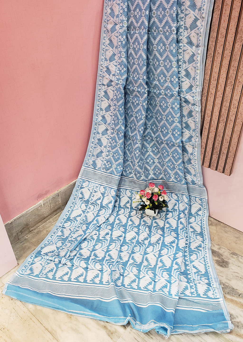 Sky Blue Color Cotton Jamdani Saree