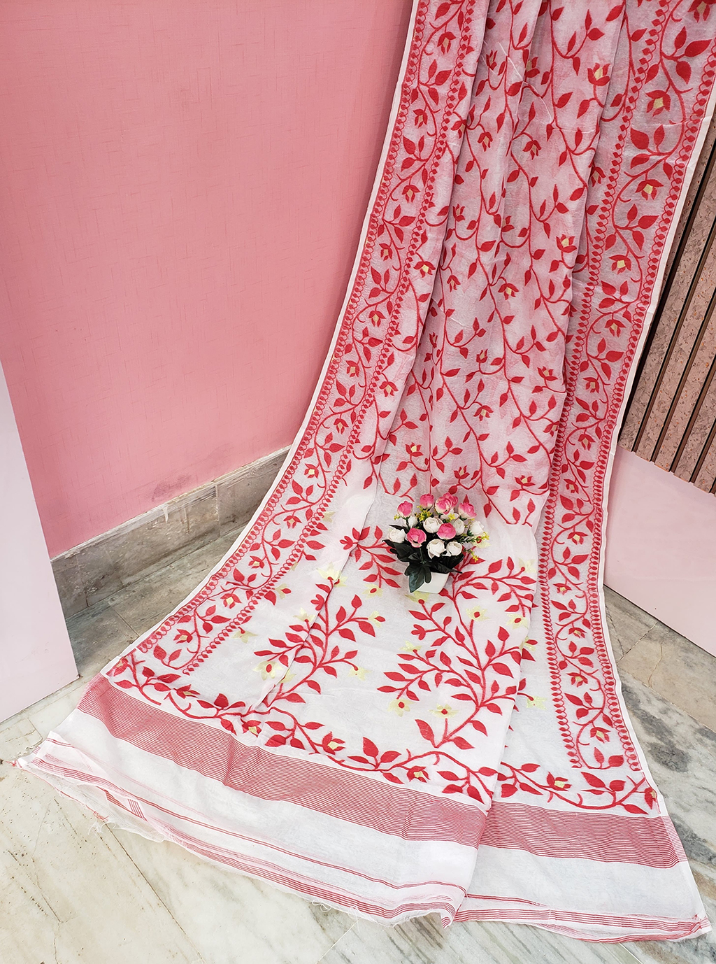 White & Red Color Cotton Jamdani Saree