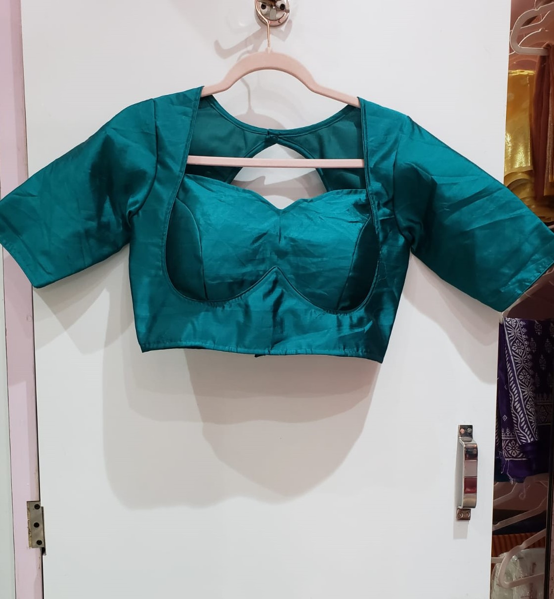Turquoise Green Color Raw Silk Blouse