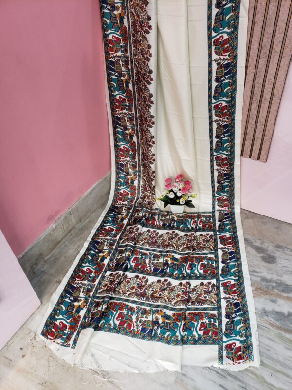White Multi Color Printed Silk Saree