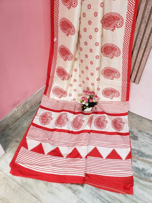 White & Red Color Printed Silk Saree