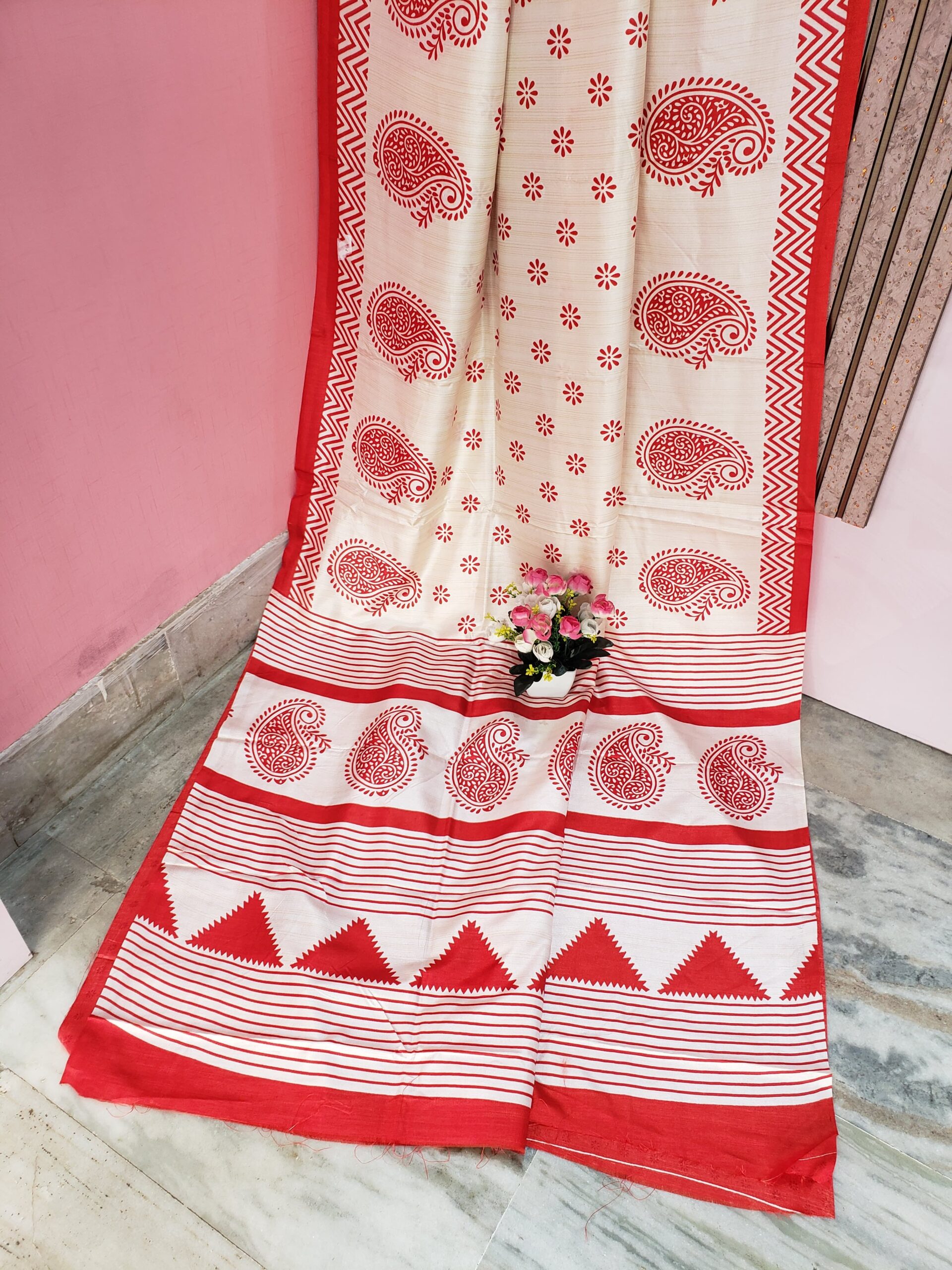 White & Red Color Printed Silk Saree