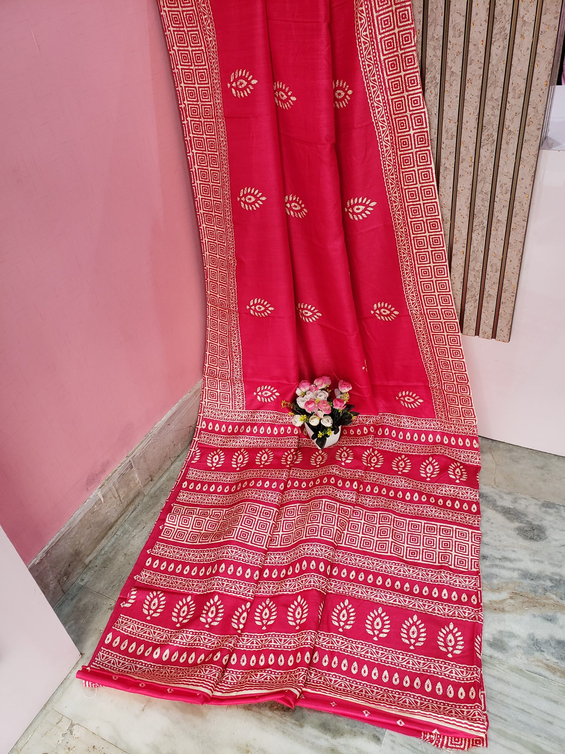 Hot Pink Color Printed Silk Saree
