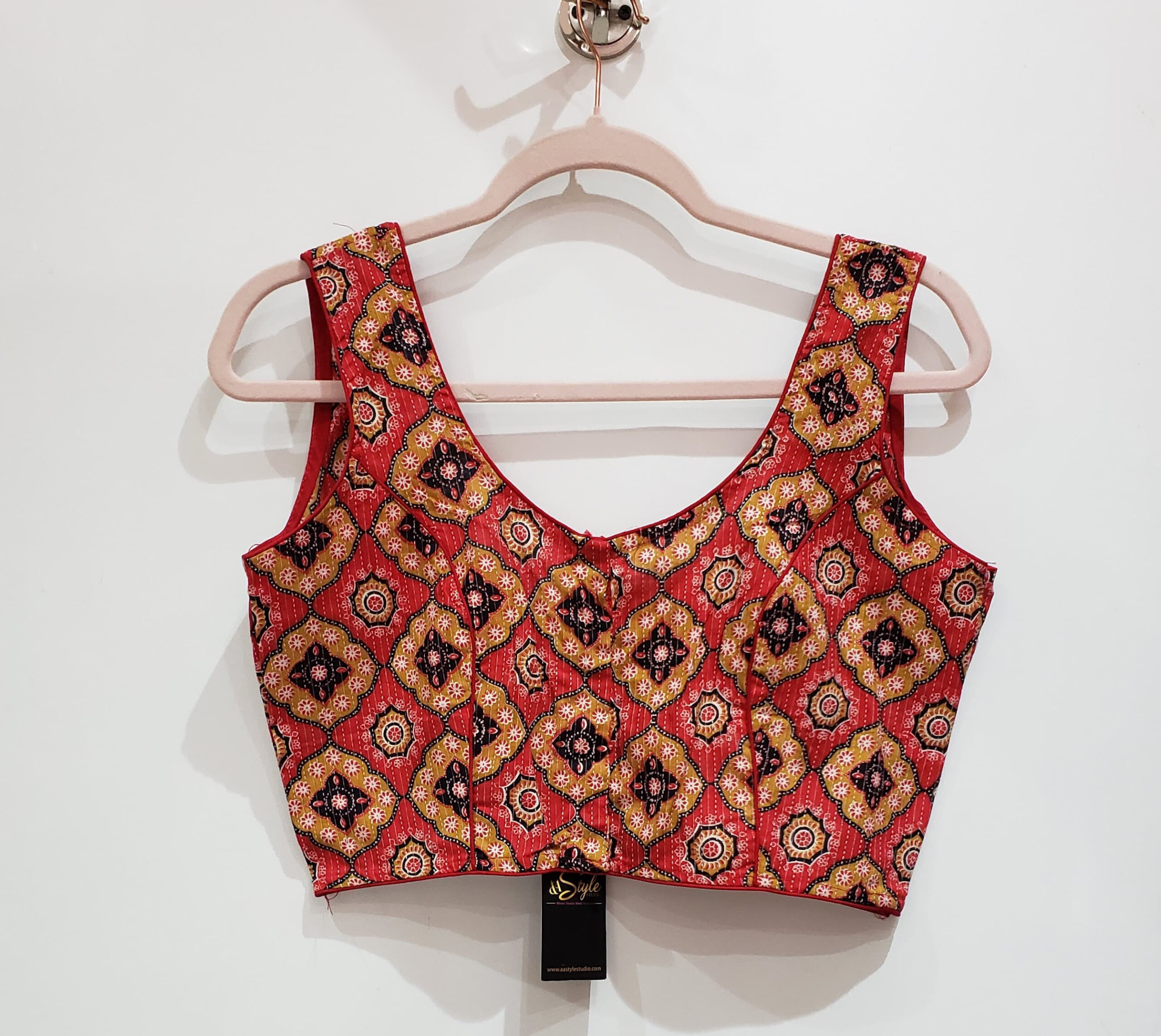 Red Multi Color Cotton Ajrakh Printed Blouse