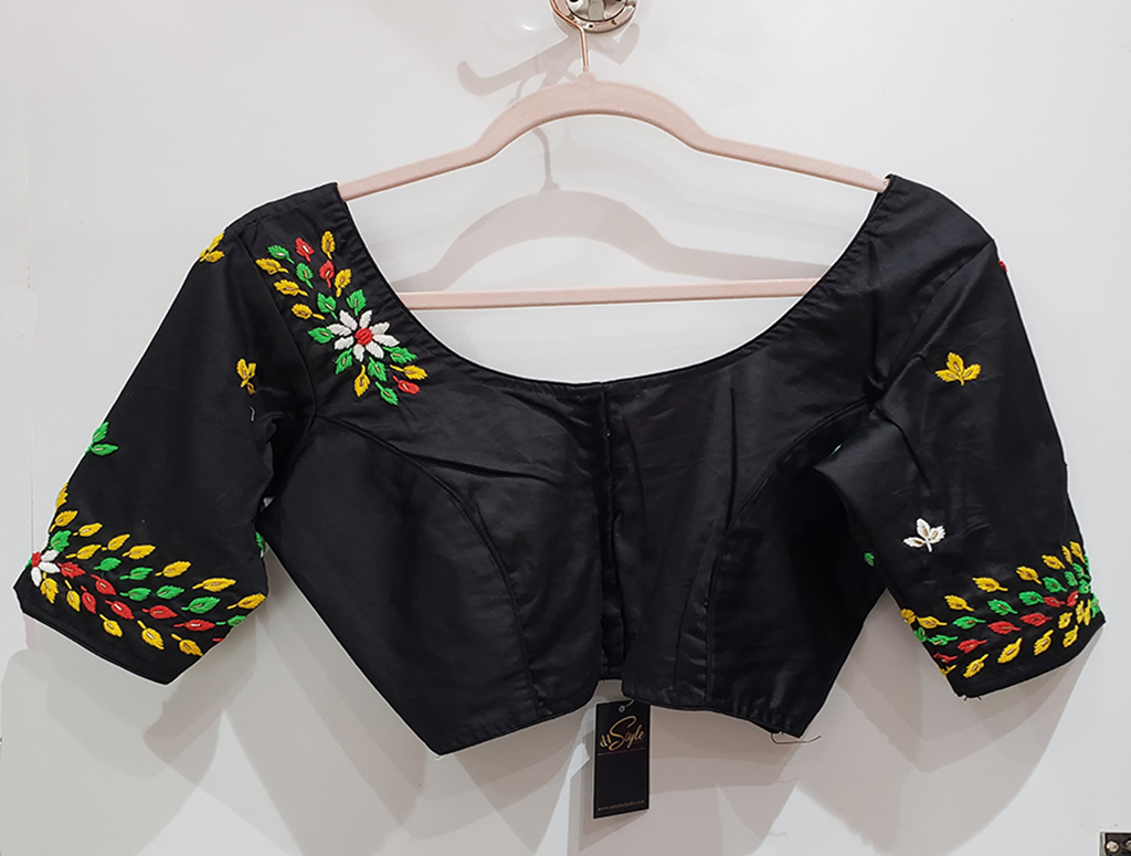 Black Multi Color Hand Embroidered Malai Cotton Blouse