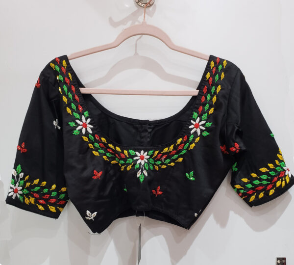 Black Multi Color Hand Embroidered Malai Cotton Blouse - Image 2