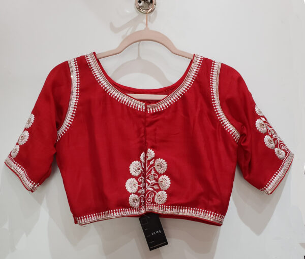 Red Color Hand Embroidered Malai Cotton Blouse - Image 2