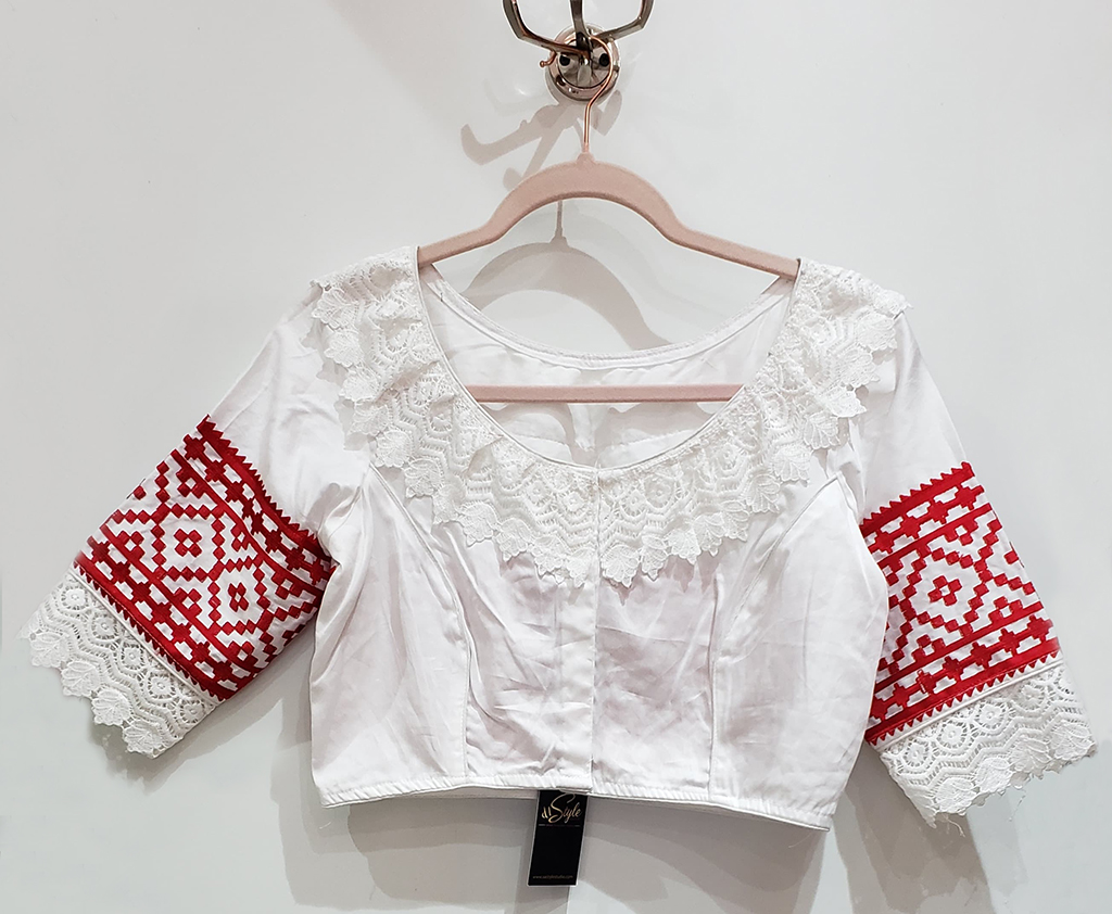 White & Red Color Embroidered Blouse