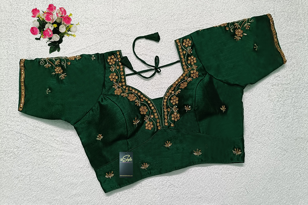 Bottle Green Color Chinon Silk Hand Work Blouse