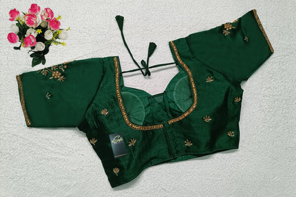 Bottle Green Color Chinon Silk Hand Work Blouse - Image 2