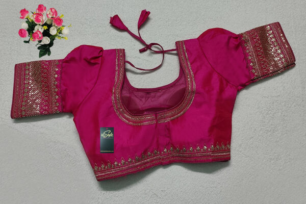 Hot Pink Color Raw Silk Machine Work Blouse - Image 2