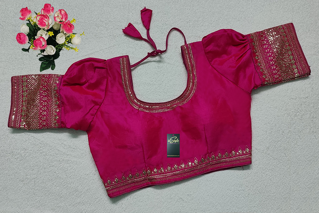 Hot Pink Color Raw Silk Machine Work Blouse