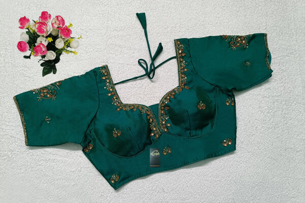 Viridian Green Color Chinon Silk Hand Work Blouse