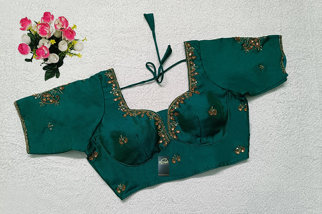 Viridian Green Color Chinon Silk Hand Work Blouse