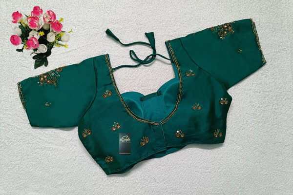 Viridian Green Color Chinon Silk Hand Work Blouse - Image 2