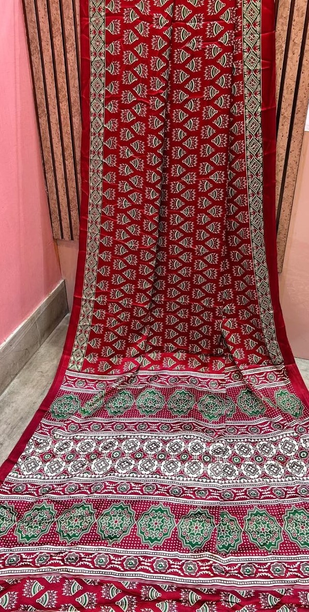 Maroon Multi Color Ajrakh Printed Modal Silk Saree