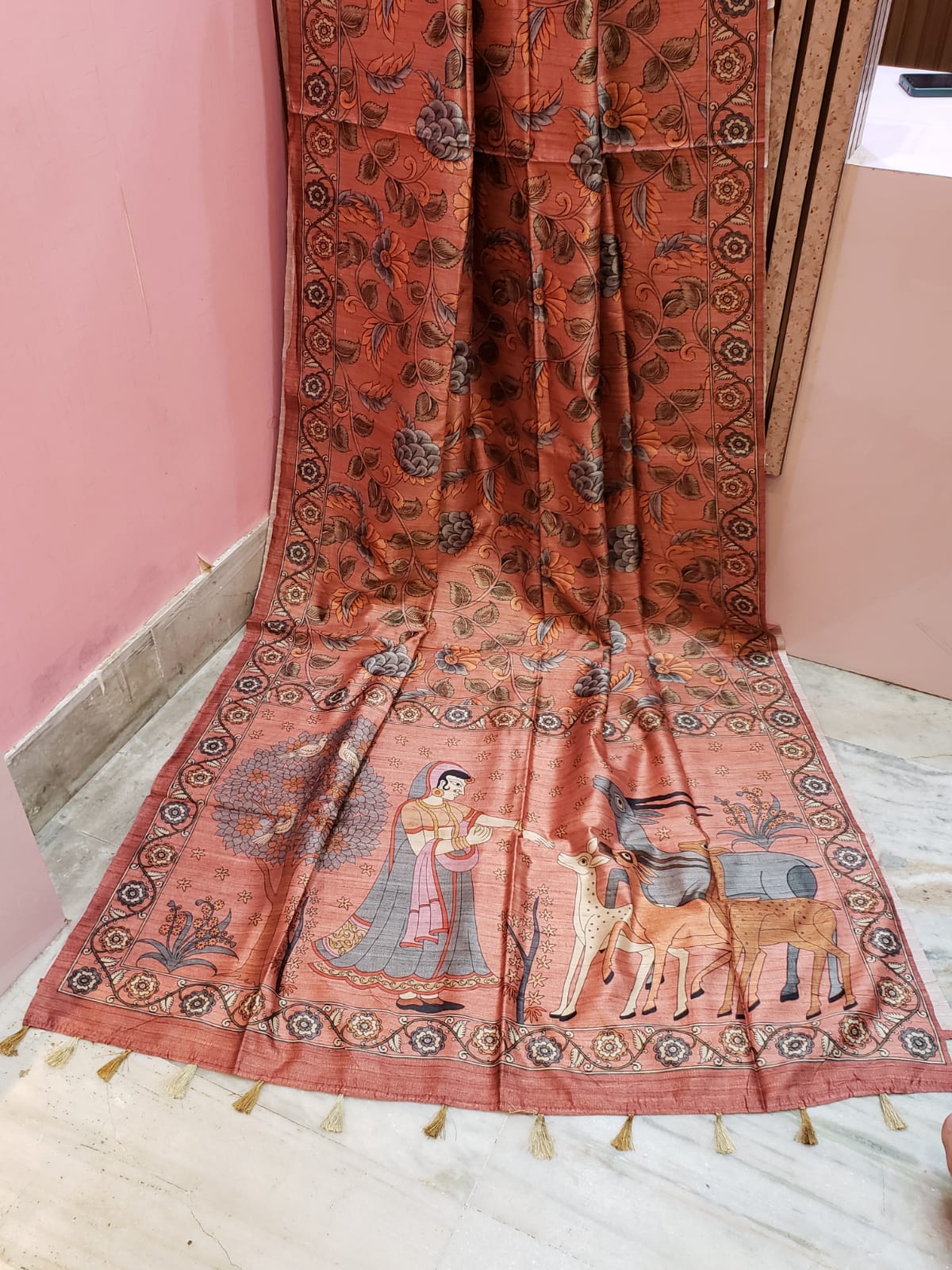 Peach Multi Color Printed Silk Saree