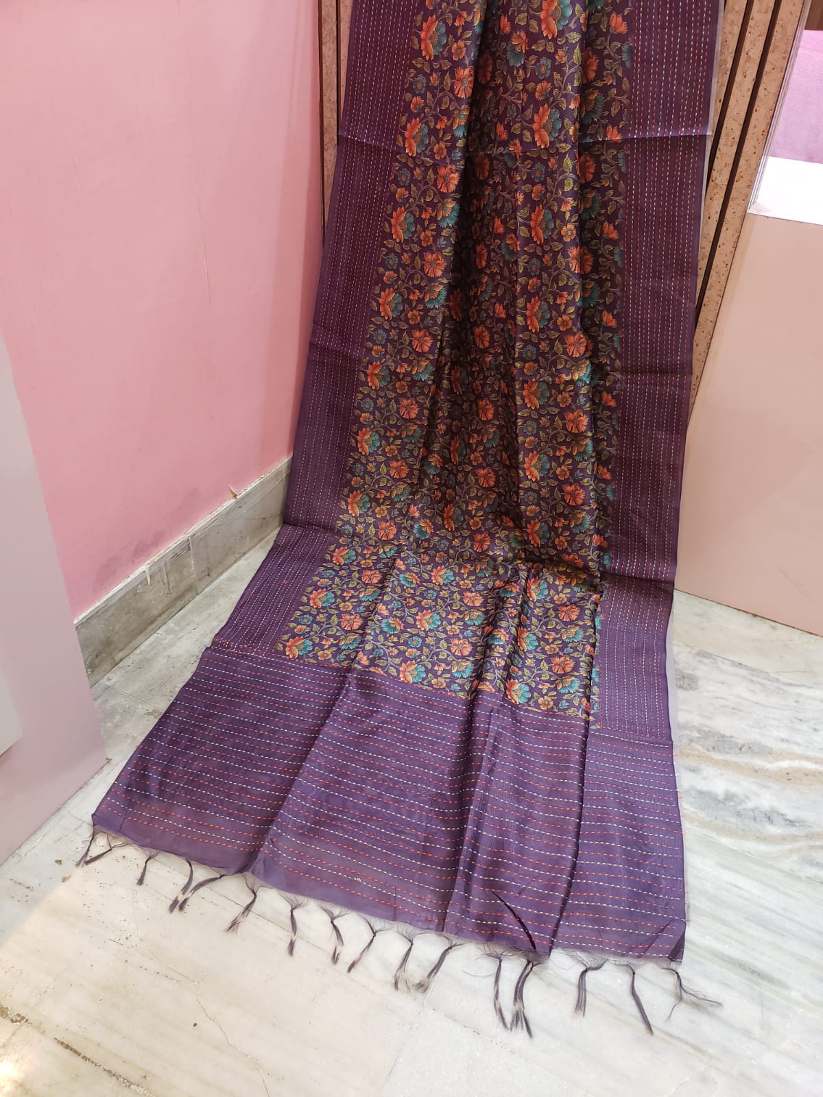 Purple Color Printed Silk Kantha Stitch Saree