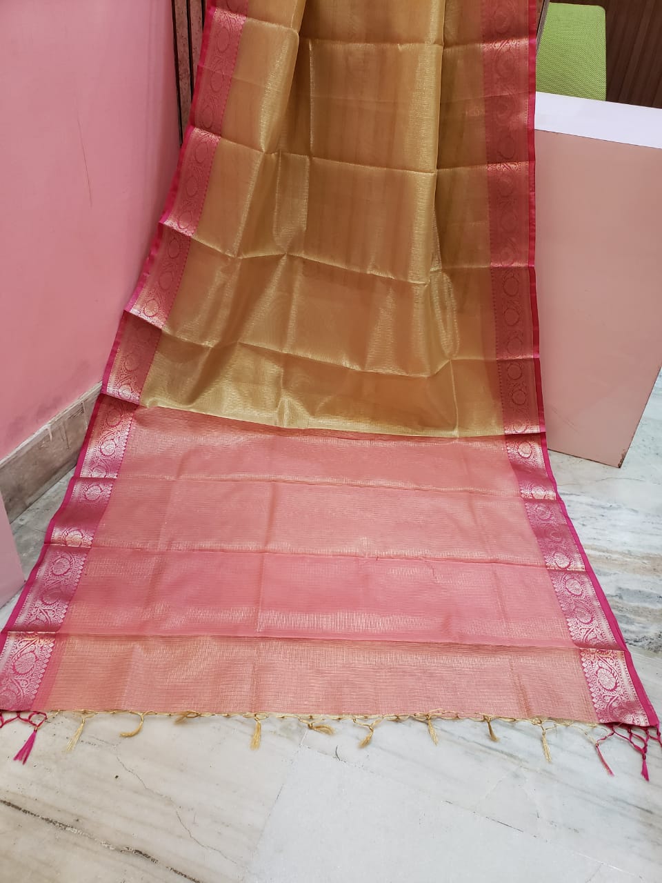 Golden & Pink Color Tissue Saree