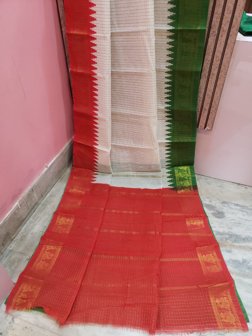 White Multi Color Gadwal Checks Saree
