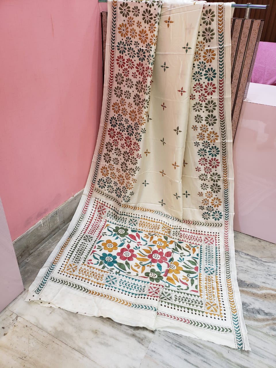 White Multi Color Kantha Printed Saree